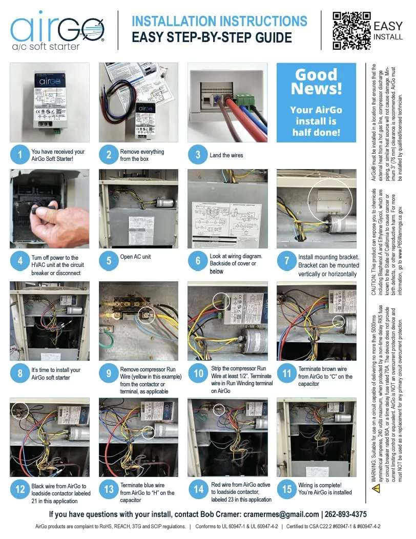 AC Soft Starter: Reverse Motor Protection, Easy DIY Install with Wire kit, fits Inside AC, Smallest Soft Start for Utility/Generator Power (AIRGO 8-16A   Install Kit)