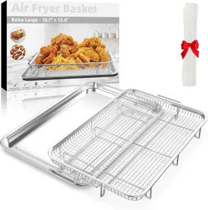 Air Fryer Basket for Oven, Extra Large 18.8" x 12.8" Oven Air Fryer Basket and Tray Set with 30 PCS Parchment Papers, Demaxia Stainless Steel Air Fryer Pan and Crisper Tray (Silver)