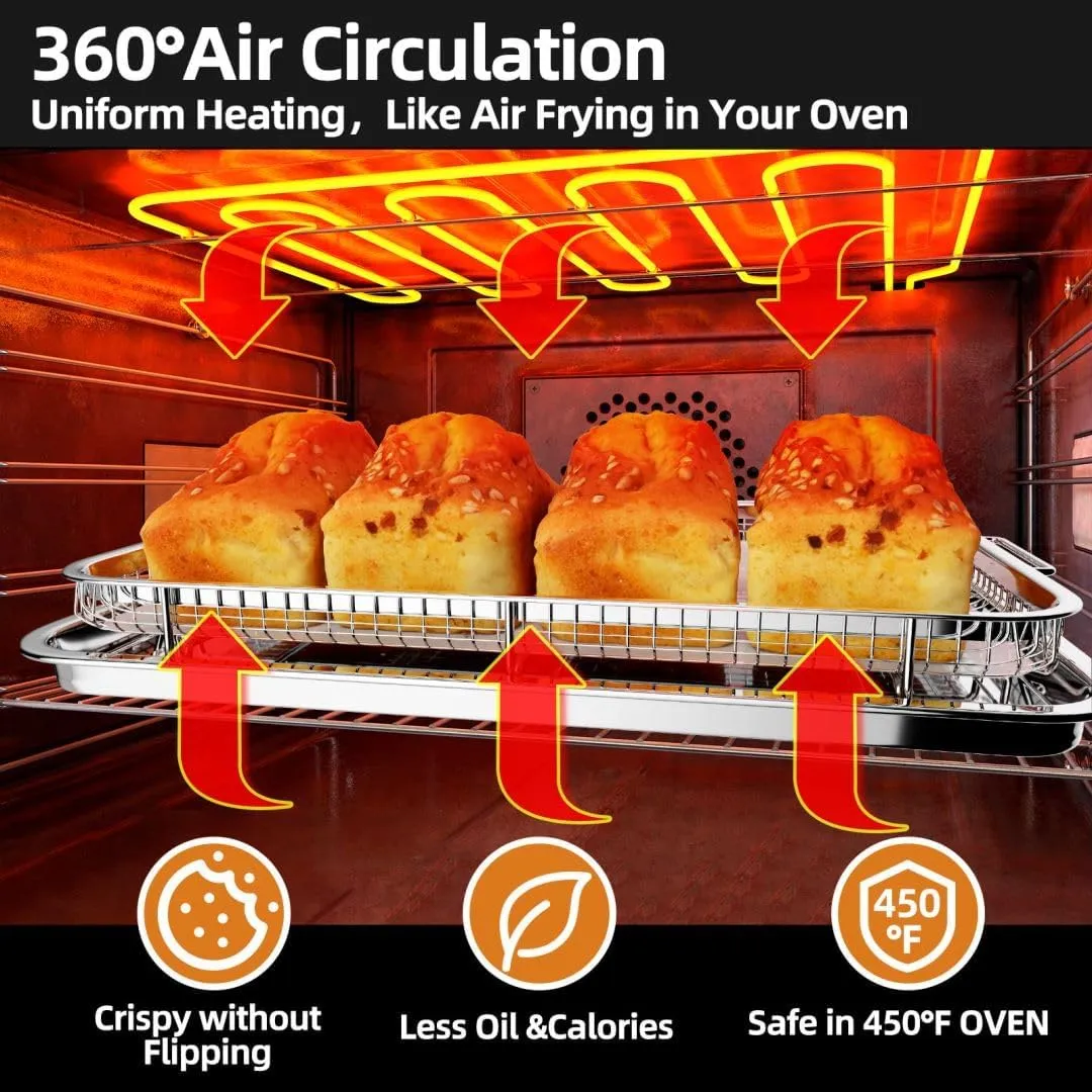 Air Fryer Basket for Oven, Extra Large 18.8" x 12.8" Oven Air Fryer Basket and Tray Set with 30 PCS Parchment Papers, Demaxia Stainless Steel Air Fryer Pan and Crisper Tray (Silver)
