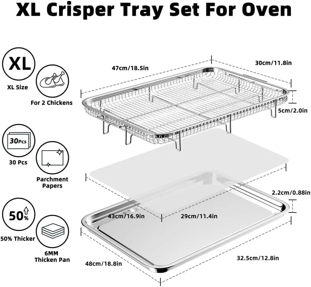 Air Fryer Basket for Oven, Extra Large 18.8" x 12.8" Oven Air Fryer Basket and Tray Set with 30 PCS Parchment Papers, Demaxia Stainless Steel Air Fryer Pan and Crisper Tray (Silver)