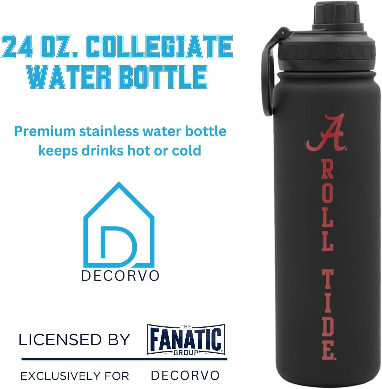 Alabama Water Bottle - Black Double Walled Stainless Steel 24 oz Keeps Drinks Cold or Hot