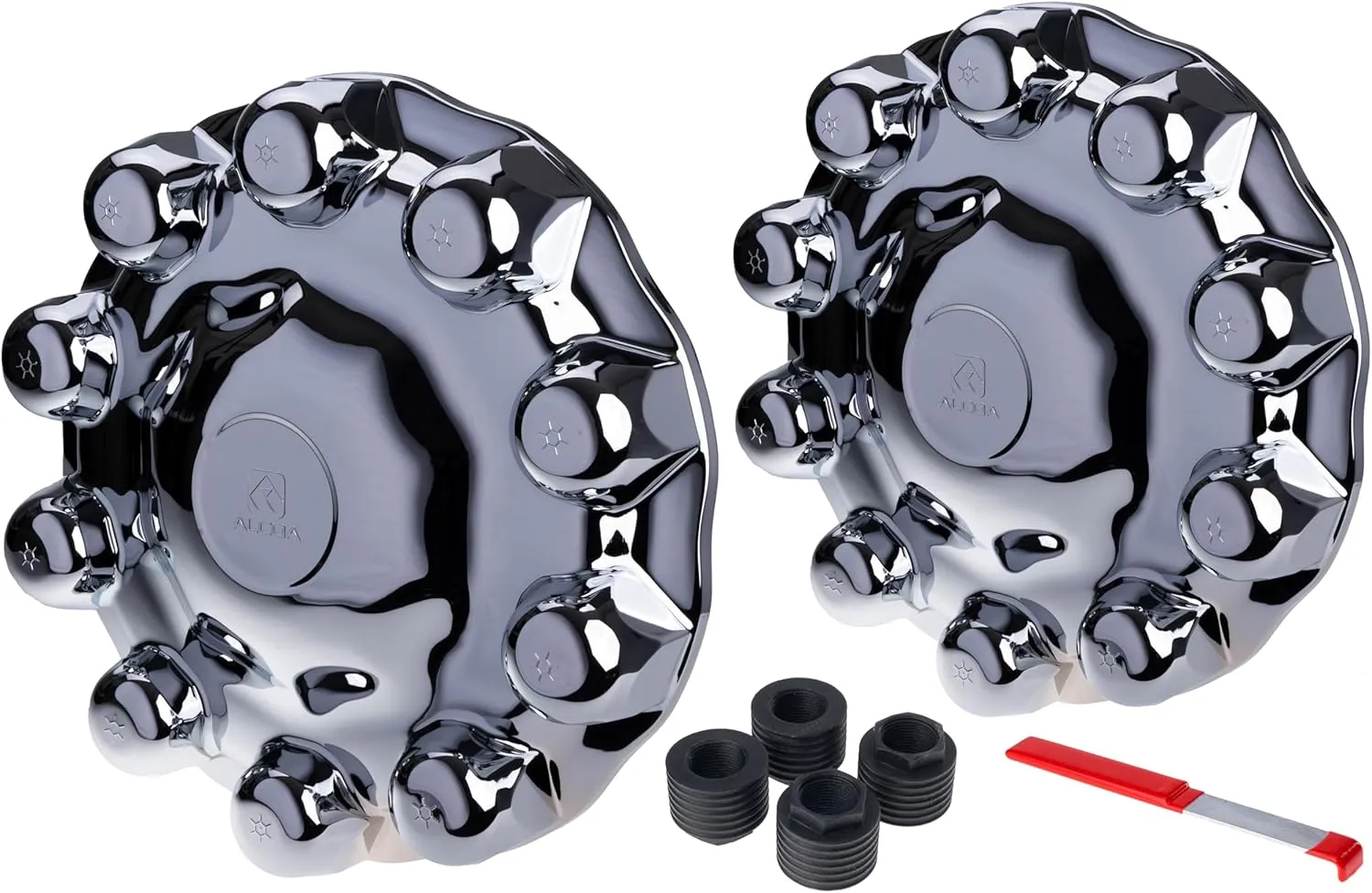 Alcoa 2-Piece Chrome Front ABS Plastic Hub Cover System for 10-Lug, 285.75mm Wheels with Retention Nuts and Removal Tool. Alcoa PN: 086100 (086200)