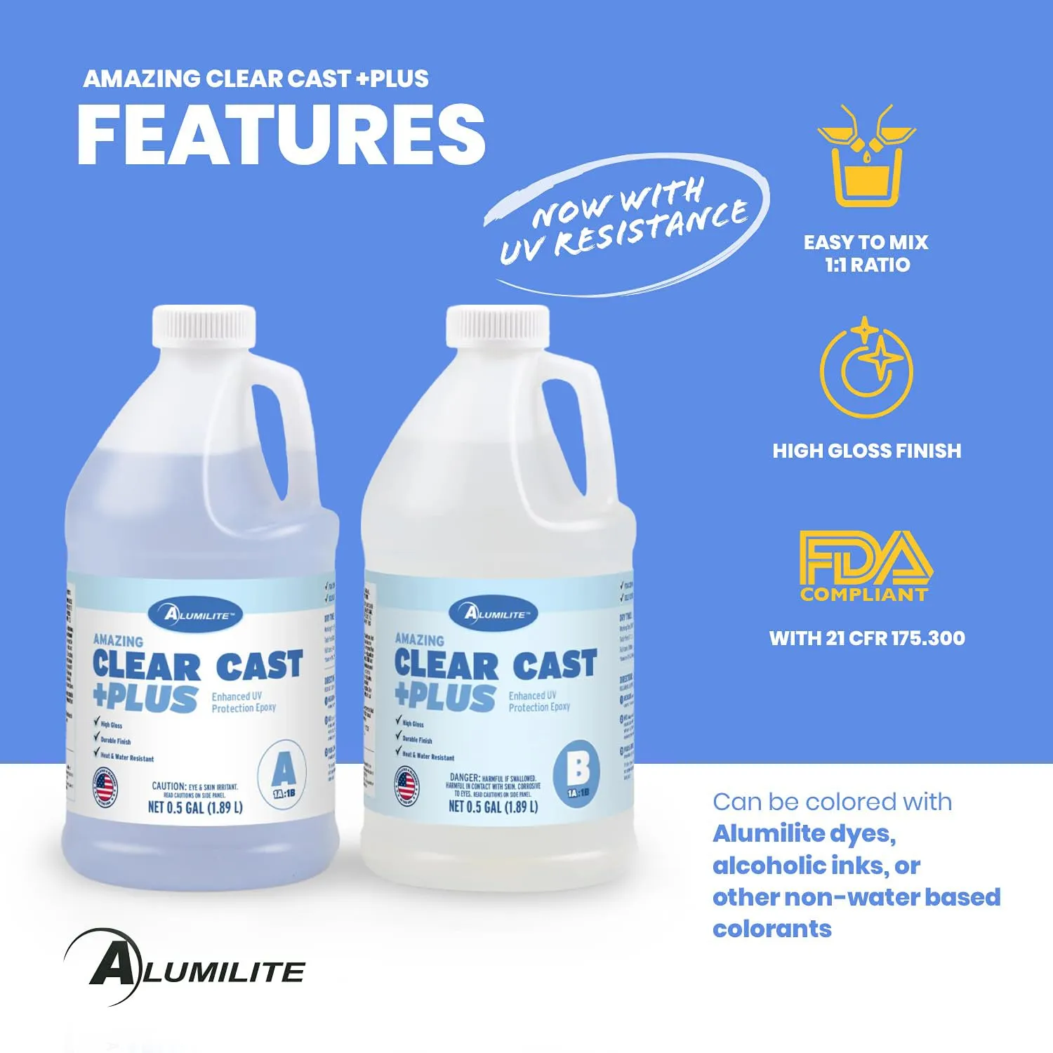 Alumilite Amazing Clear Cast Plus (1 Gal) Food Safe High-Gloss Epoxy Resin with UV Resistance, Perfect for Countertops, Coatings, Castings, Jewelry, Art, & DIY Projects Compatible with Dyes & Inks
