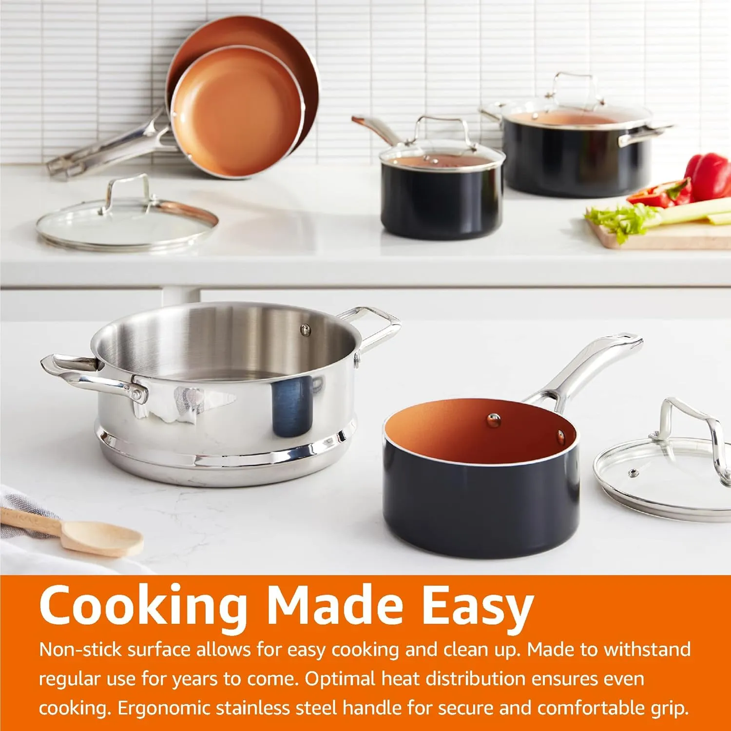 Amazon Basics Ceramic Nonstick Pots and Pans Cookware Set, Dishwasher & Oven Safe, Even Heating, 10-Piece Set, Copper Color
