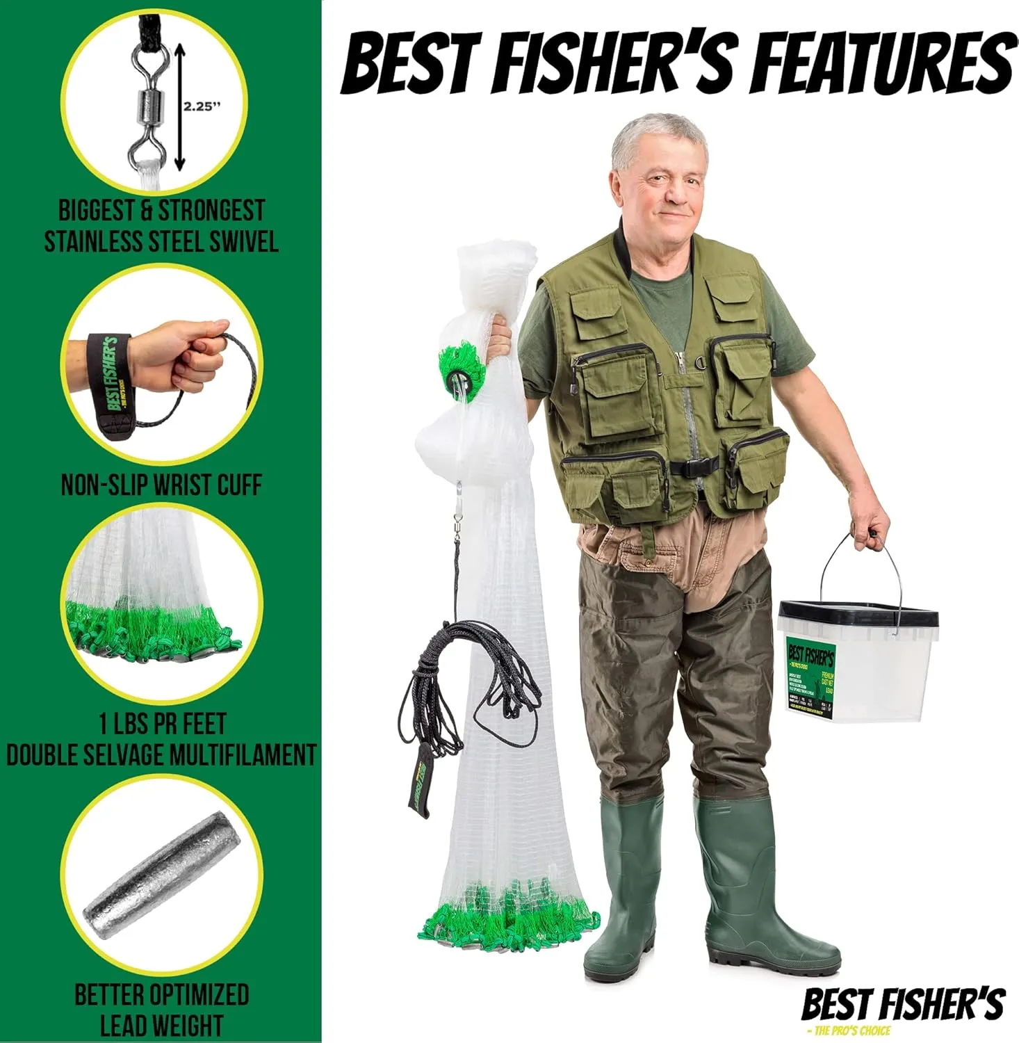 American Pro Cast Net - 4ft/6ft/8ft/10ft/12ft - 3/8" Mesh - Real Lead 1-lbs/ft Double Line - 2024 Upgraded & Optimized - Old Salt Premium Cast Nets for Fishing - E-Book & Utility Box Included