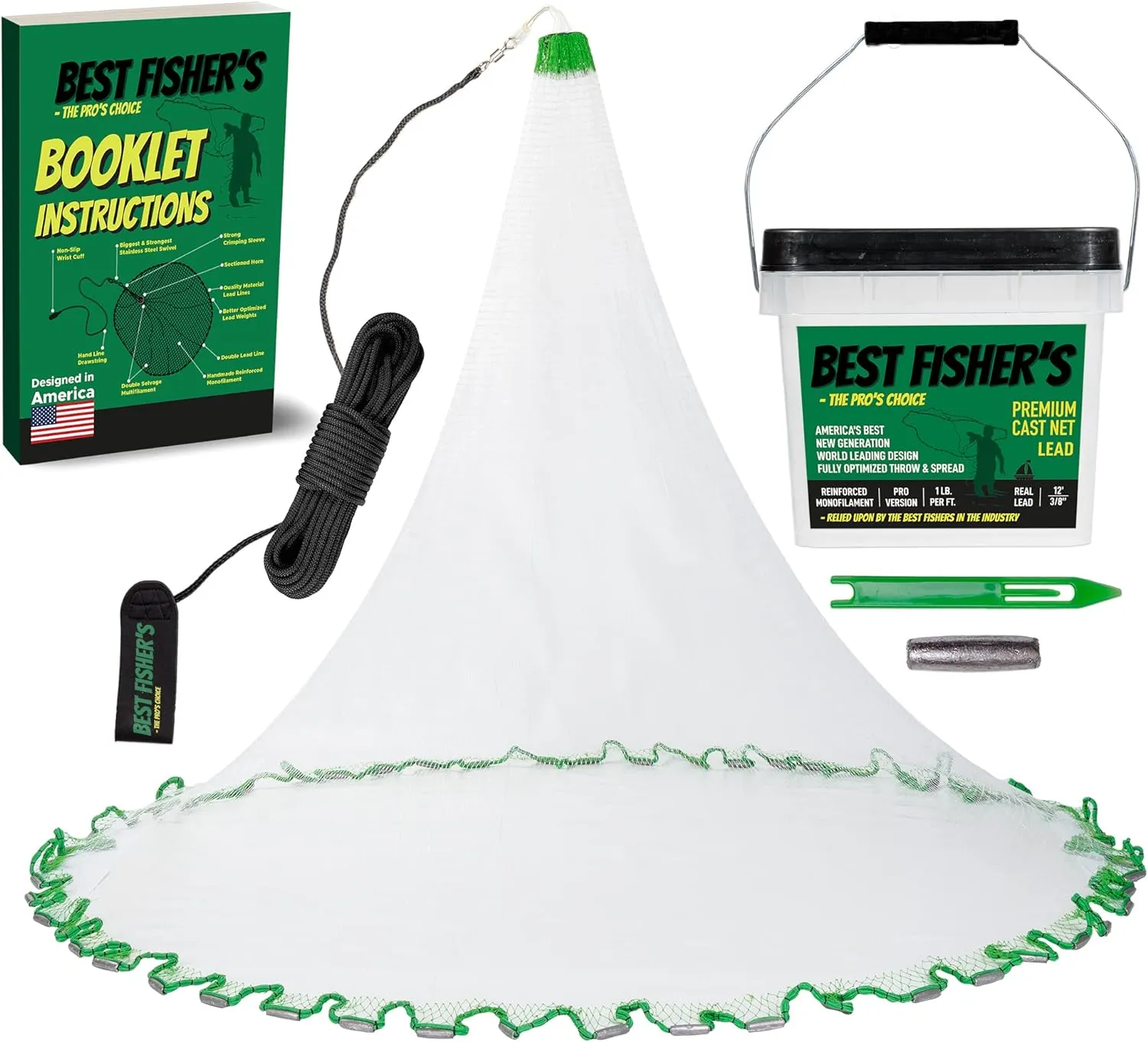 American Pro Cast Net - 4ft/6ft/8ft/10ft/12ft - 3/8" Mesh - Real Lead 1-lbs/ft Double Line - 2024 Upgraded & Optimized - Old Salt Premium Cast Nets for Fishing - E-Book & Utility Box Included