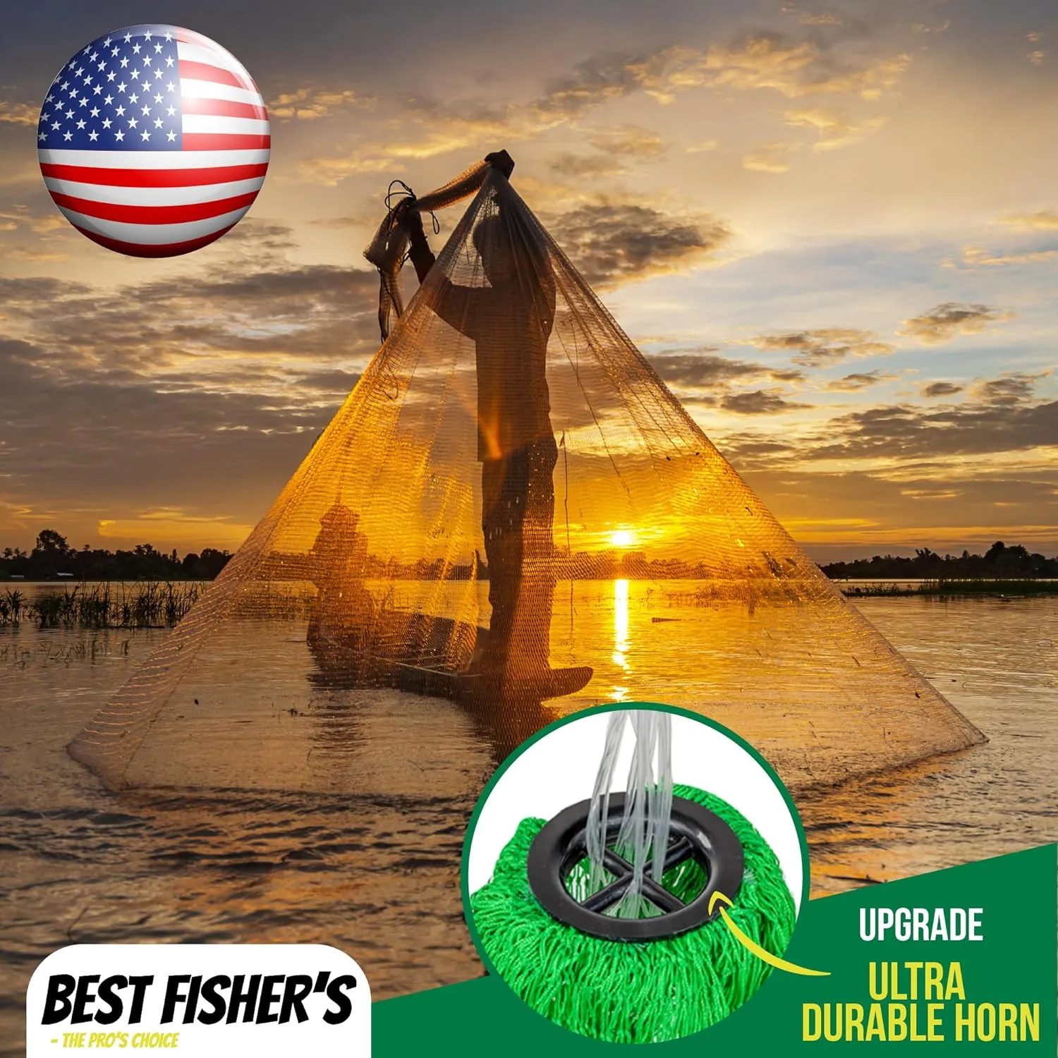 American Pro Cast Net - 4ft/6ft/8ft/10ft/12ft - 3/8" Mesh - Real Lead 1-lbs/ft Double Line - 2024 Upgraded & Optimized - Old Salt Premium Cast Nets for Fishing - E-Book & Utility Box Included