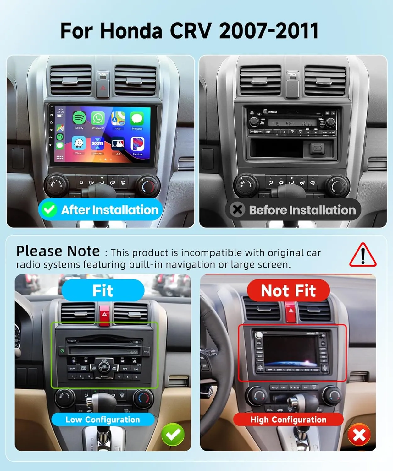 Android Car Stereo for Honda CRV 2007-2011 with Wireless Carplay/Android Auto with WiFi GPS Navigation, 9" Touchscreen Bluetooth Car Radio Support USB FM/RDS Backup Camera Steering Wheel Control