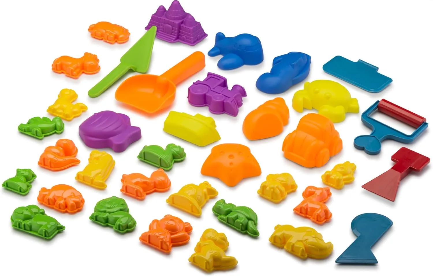 Animal Sand Molds & Tools Kit (36 Pcs) - Works with Other Sand Brands - Includes: 10 Dinosaurs, 10 Animals, 12 Beach Molds & 4 Tools