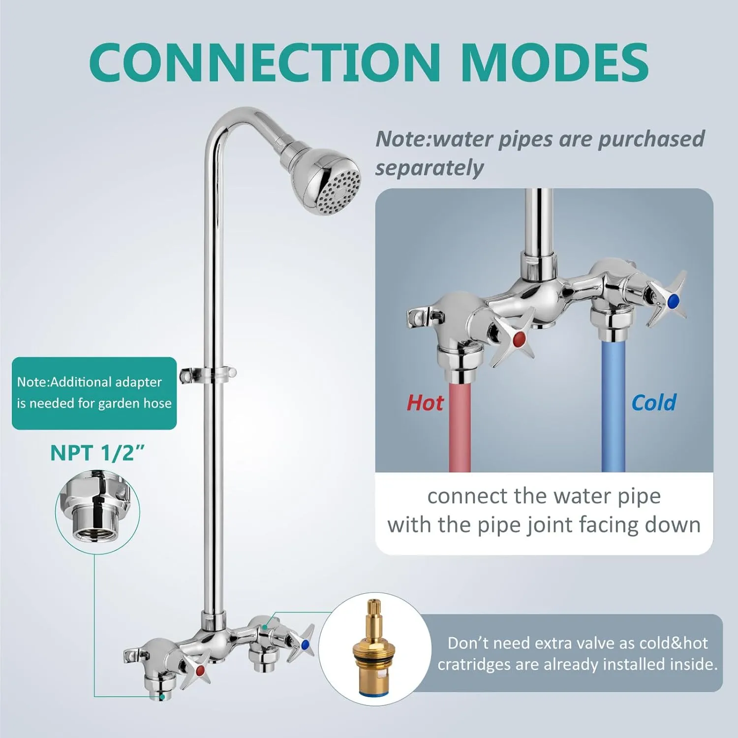 Aolemi Outdoor Shower Kit Fixtures Faucet System with High Pressure Showerhead 2-Handle Utility Exposed Shower with Brass Mix Valve 6 Inch Center Polish Chrome