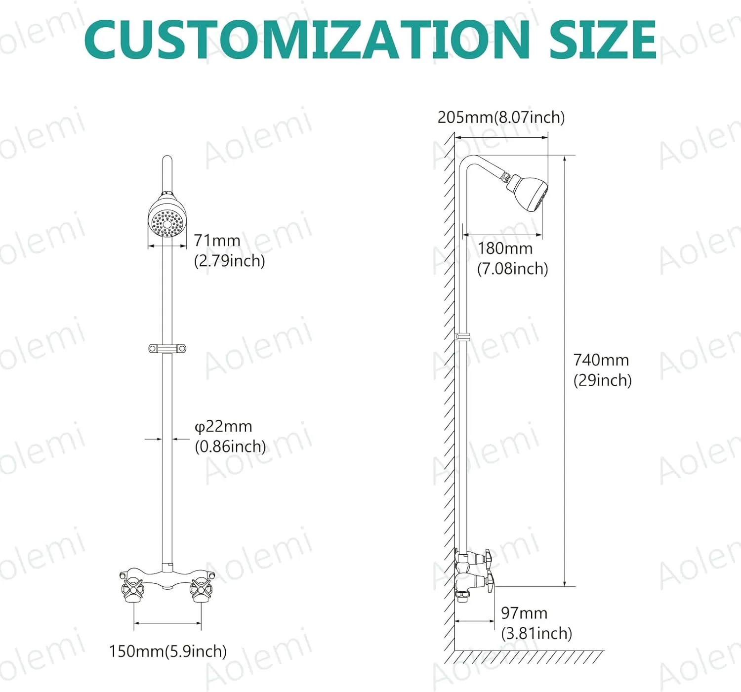 Aolemi Outdoor Shower Kit Fixtures Faucet System with High Pressure Showerhead 2-Handle Utility Exposed Shower with Brass Mix Valve 6 Inch Center Polish Chrome