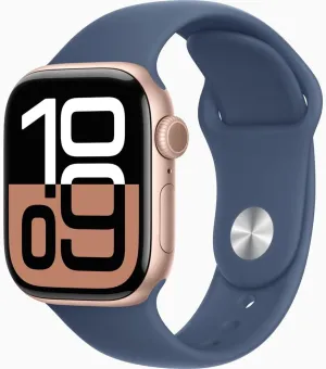 Apple Watch Series 10 [GPS   Cellular, 42mm] - Rose Gold Aluminum Case with Denim Sport Band, S/M (Renewed)