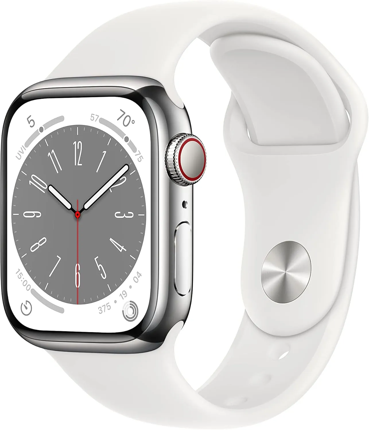 Apple Watch Series 8 (GPS   Cellular, 41mm) - Silver Stainless Steel Case with White Sport Band M/L (Renewed)