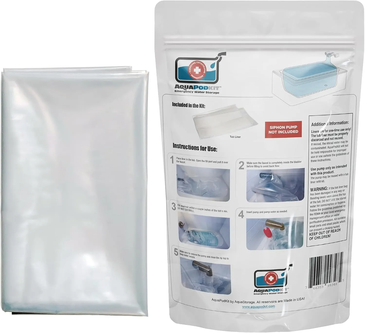 AquaPod Kit 2.0 Replacement Liner Emergency Water Bladder USA Made BPA Free Hurricane Survival Bathtub Drinking Solution No Pump in Bag