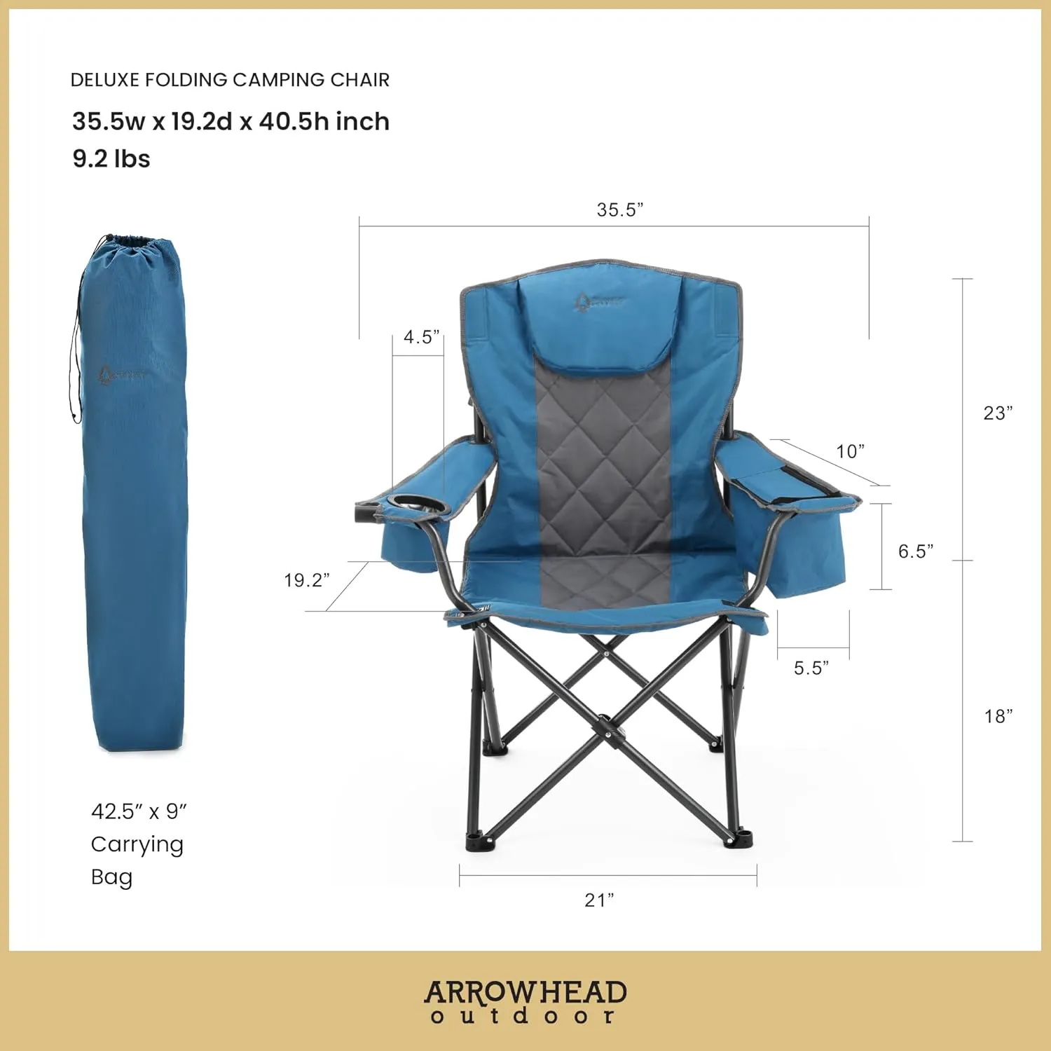 ARROWHEAD OUTDOOR Portable Folding Camping Quad Chair w/ 6-Can Cooler, Cup & Wine Glass Holders, Heavy-Duty Carrying Bag, Padded Armrests, Headrest & Seat, Supports up to 550lbs, USA-Based Support