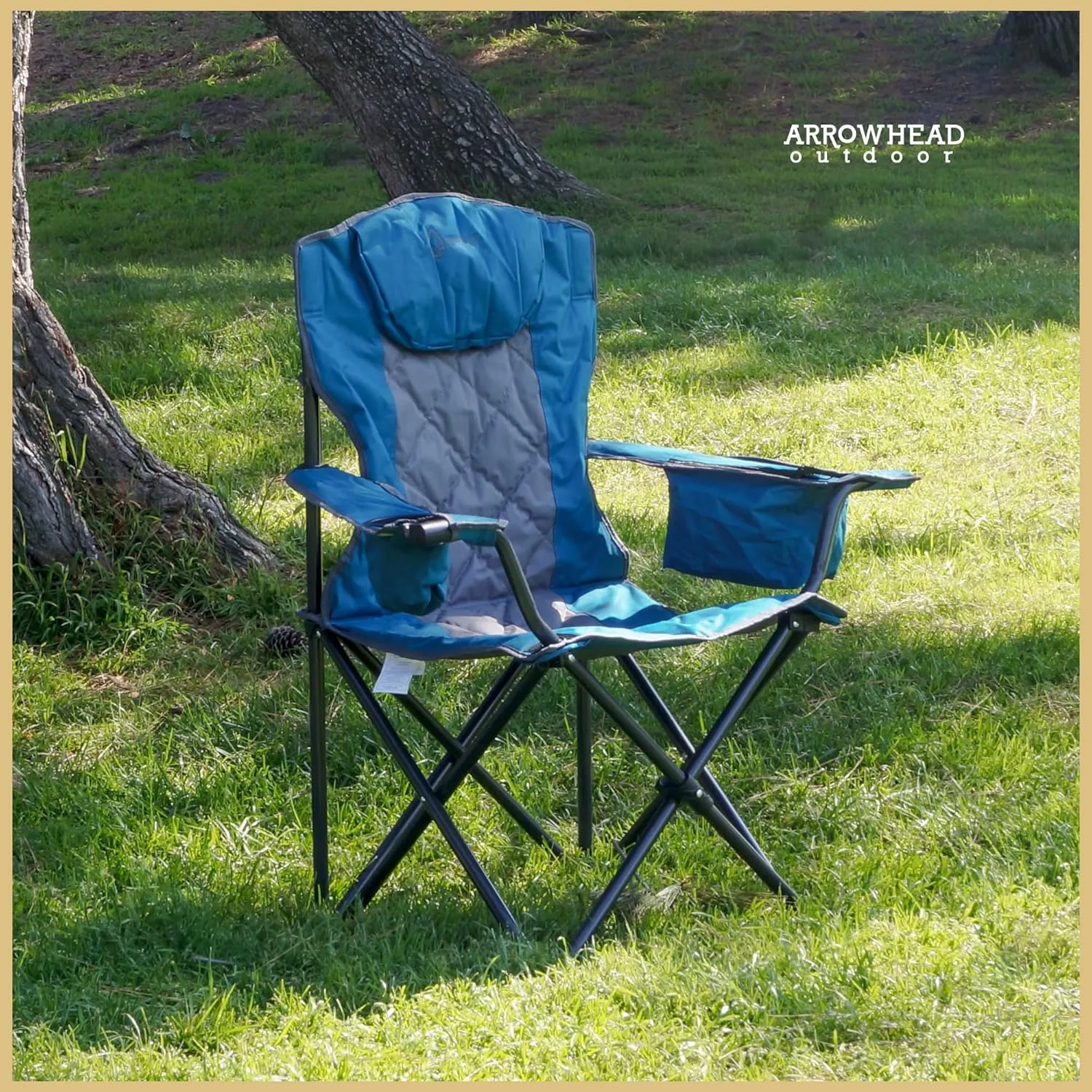 ARROWHEAD OUTDOOR Portable Folding Camping Quad Chair w/ 6-Can Cooler, Cup & Wine Glass Holders, Heavy-Duty Carrying Bag, Padded Armrests, Headrest & Seat, Supports up to 550lbs, USA-Based Support