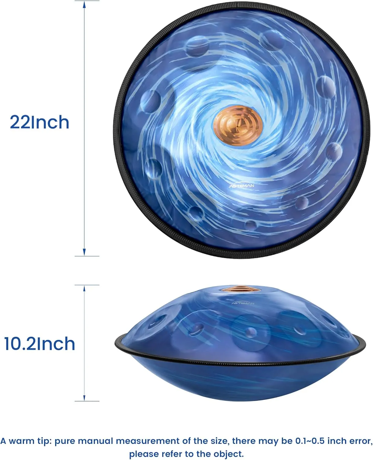 AS TEMAN HANDPAN, handpan drum instrument in D Minor 10 Notes 440hz Steel Hand Drum with Soft Hand Pan Bag, 2 handpan mallet,Handpan Stand,dust-free cloth, Black Hole Blue