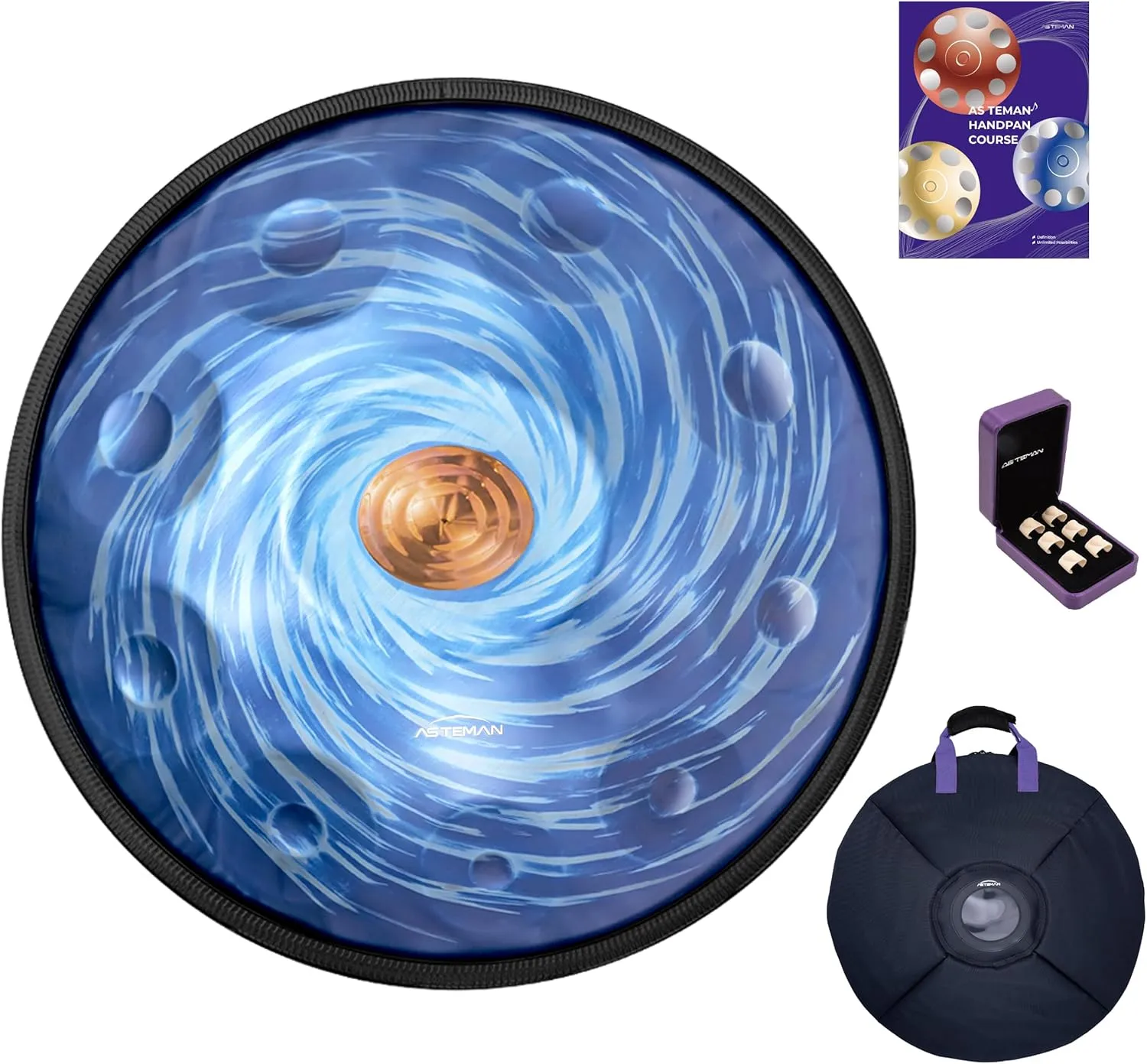 AS TEMAN HANDPAN, handpan drum instrument in D Minor 10 Notes 440hz Steel Hand Drum with Soft Hand Pan Bag, 2 handpan mallet,Handpan Stand,dust-free cloth, Black Hole Blue