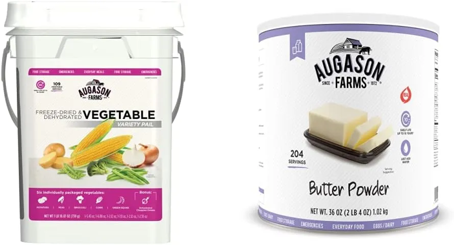 Augason Farms Freeze Dried Vegetable Variety Pack 4 gallon Kit & Butter Powder 2 lbs 4 oz No. 10 Can