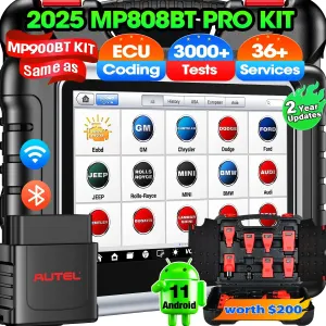 Autel Scanner MaxiPRO MP808BT PRO KIT: 2 Year Updates($700) Ver. of MP900-BT KIT MK900BT MK808S, ($200)Full 11 Adapters, 2025 OE ECU Coding as MP900BT MS906 PRO, 3000  Bidirectional, 30  Service, FCA