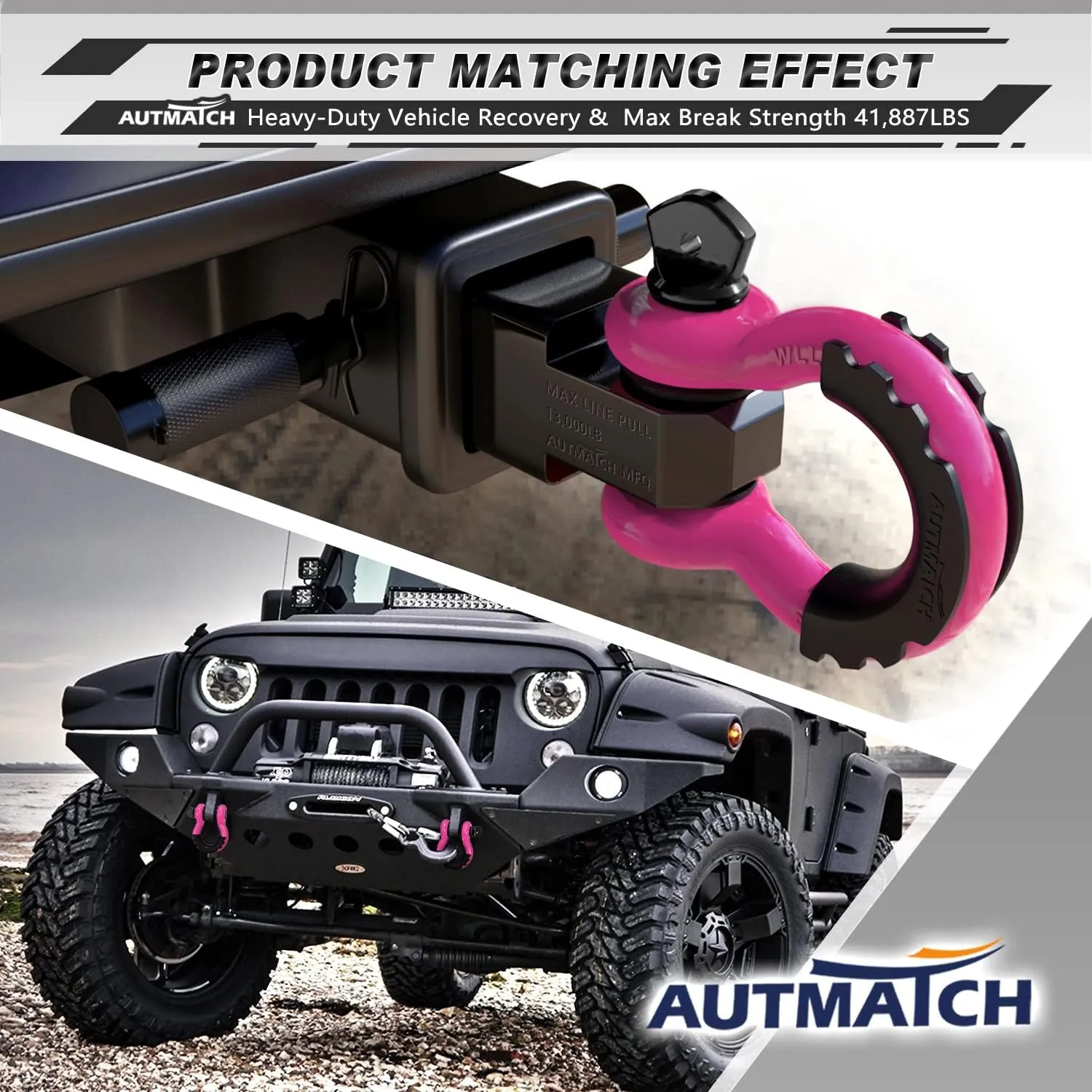 AUTMATCH D Ring Shackle 3/4" Shackles (2 Pack) 41,887Ibs Break Strength, Clevis Shackle with 7/8" Screw Pin and Shackle Isolator Washers Kit for Tow Strap Winch Off Road Vehicle Recovery, Pink