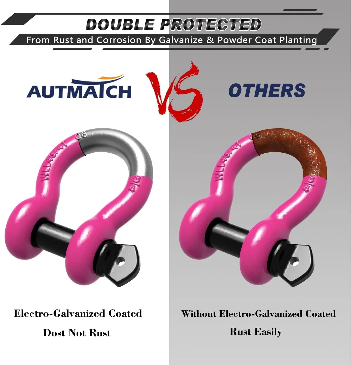 AUTMATCH D Ring Shackle 3/4" Shackles (2 Pack) 41,887Ibs Break Strength, Clevis Shackle with 7/8" Screw Pin and Shackle Isolator Washers Kit for Tow Strap Winch Off Road Vehicle Recovery, Pink