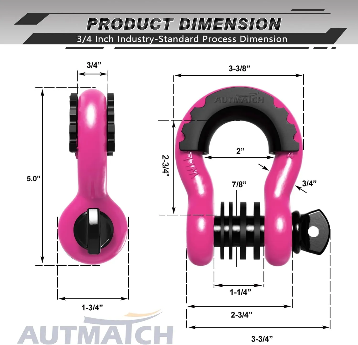 AUTMATCH D Ring Shackle 3/4" Shackles (2 Pack) 41,887Ibs Break Strength, Clevis Shackle with 7/8" Screw Pin and Shackle Isolator Washers Kit for Tow Strap Winch Off Road Vehicle Recovery, Pink