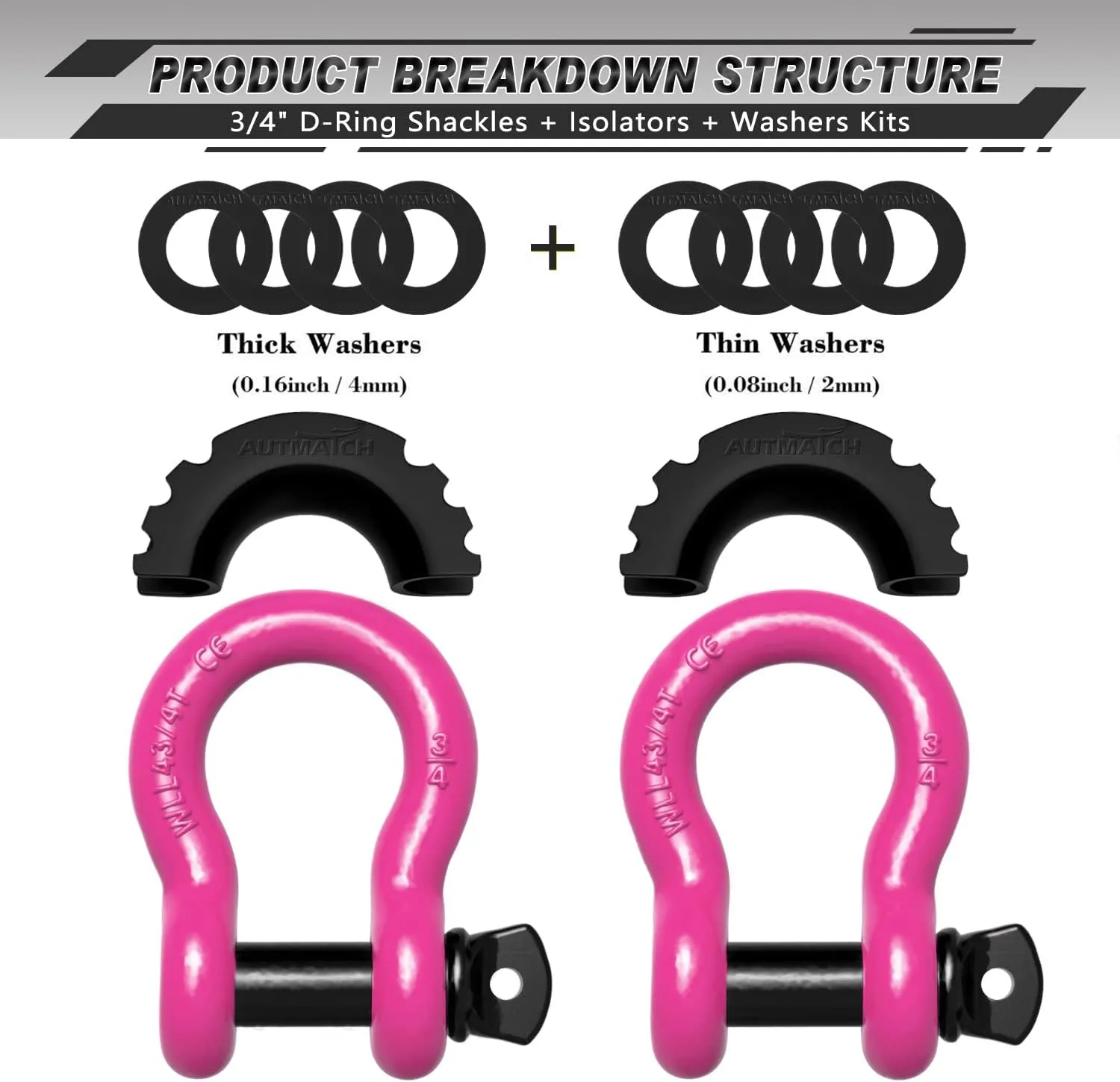 AUTMATCH D Ring Shackle 3/4" Shackles (2 Pack) 41,887Ibs Break Strength, Clevis Shackle with 7/8" Screw Pin and Shackle Isolator Washers Kit for Tow Strap Winch Off Road Vehicle Recovery, Pink