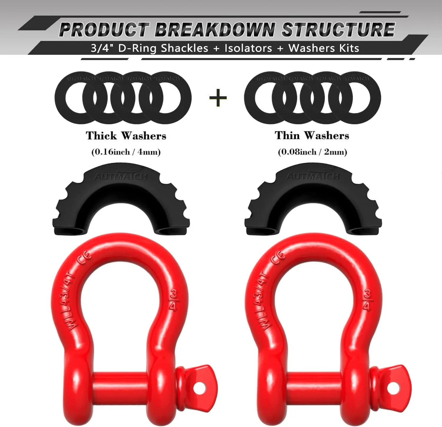 AUTMATCH D Ring Shackle 3/4" Shackles (2 Pack) 41,887Ibs Break Strength - Clevis Shackles with 7/8" Screw Pin and Shackle Isolator Washers Kit for Tow Strap Winch Off Road Vehicle Recovery, Red