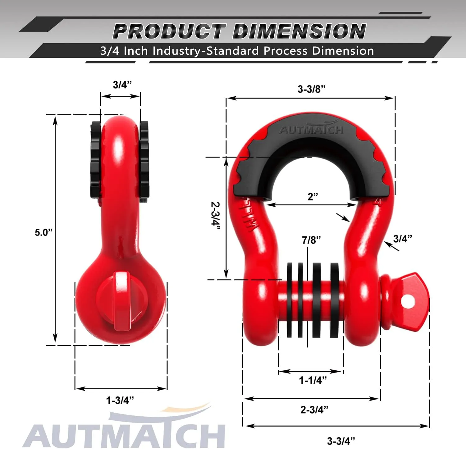 AUTMATCH D Ring Shackle 3/4" Shackles (2 Pack) 41,887Ibs Break Strength - Clevis Shackles with 7/8" Screw Pin and Shackle Isolator Washers Kit for Tow Strap Winch Off Road Vehicle Recovery, Red