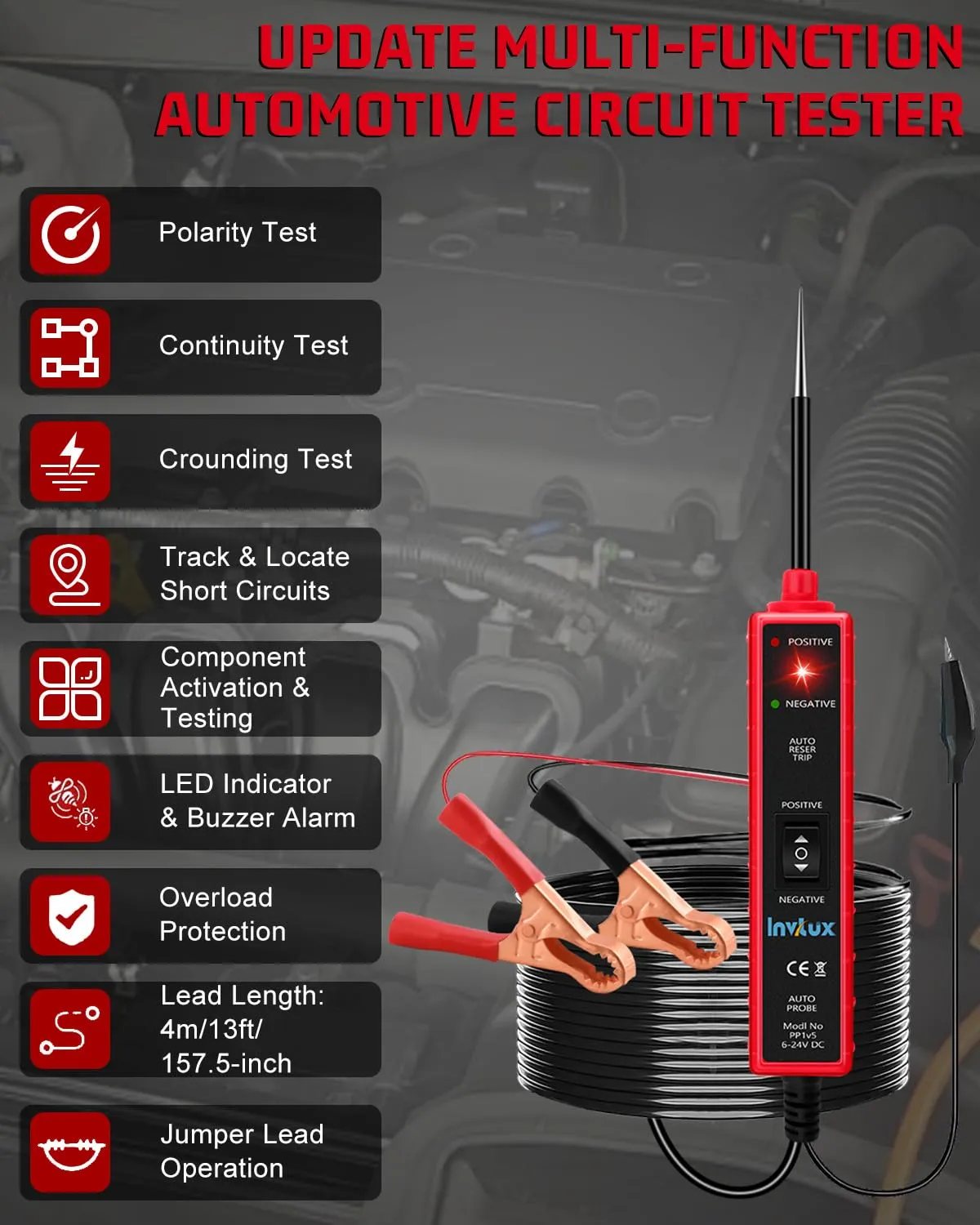 Automotive Car Circuit Tester, 6-24V AC/DC Power Circuit Probe Tester, Automotive Electrical Tester Digital Display Short Circuit Finder for Continuity Testing/Trailer Lights Testing Red