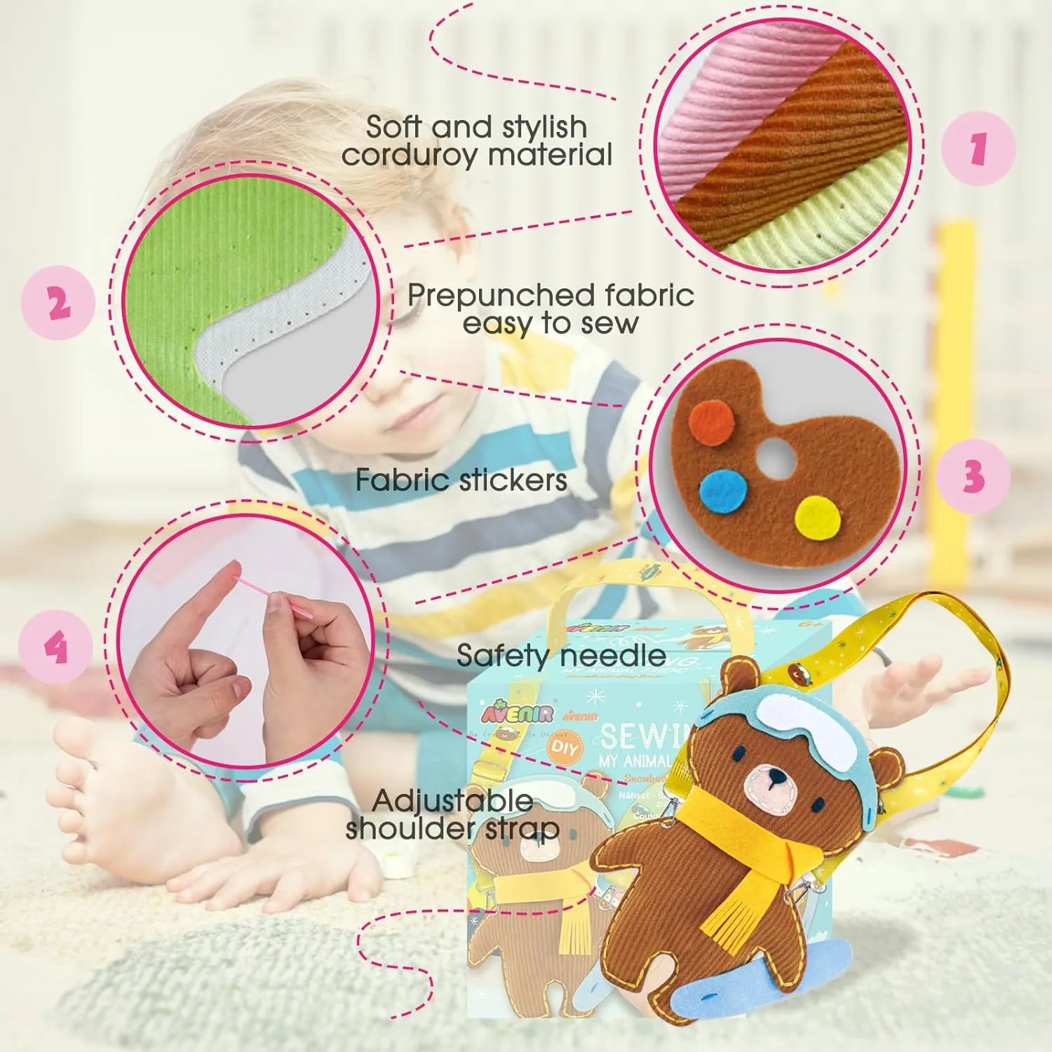 Avenir Animal Sewing Kit for Beginner Kids Arts & Crafts Soft Toy My First Sewing Kit Includes Snowboarding Bear with Fun Shoulder Strap for Toddlers Learn to Sew, Age for 6 Years