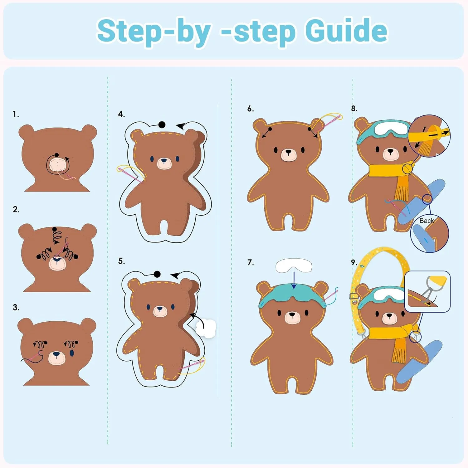 Avenir Animal Sewing Kit for Beginner Kids Arts & Crafts Soft Toy My First Sewing Kit Includes Snowboarding Bear with Fun Shoulder Strap for Toddlers Learn to Sew, Age for 6 Years