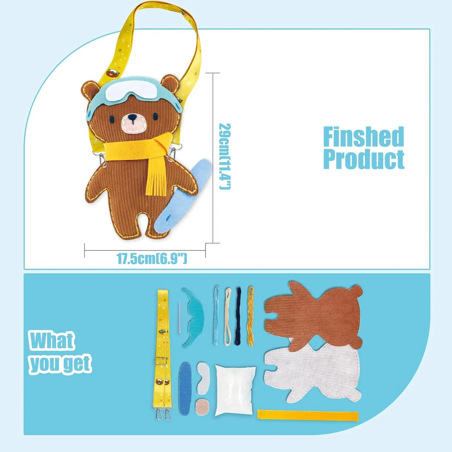Avenir Animal Sewing Kit for Beginner Kids Arts & Crafts Soft Toy My First Sewing Kit Includes Snowboarding Bear with Fun Shoulder Strap for Toddlers Learn to Sew, Age for 6 Years