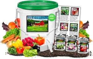B&KM Farms 20,000  Survival Seed Kit 5  Year Supply. 30 Fruit & Vegetable Non-GMO Heirloom Seeds for Planting a Home Garden. Secure Emergency Weather-Proof Bucket