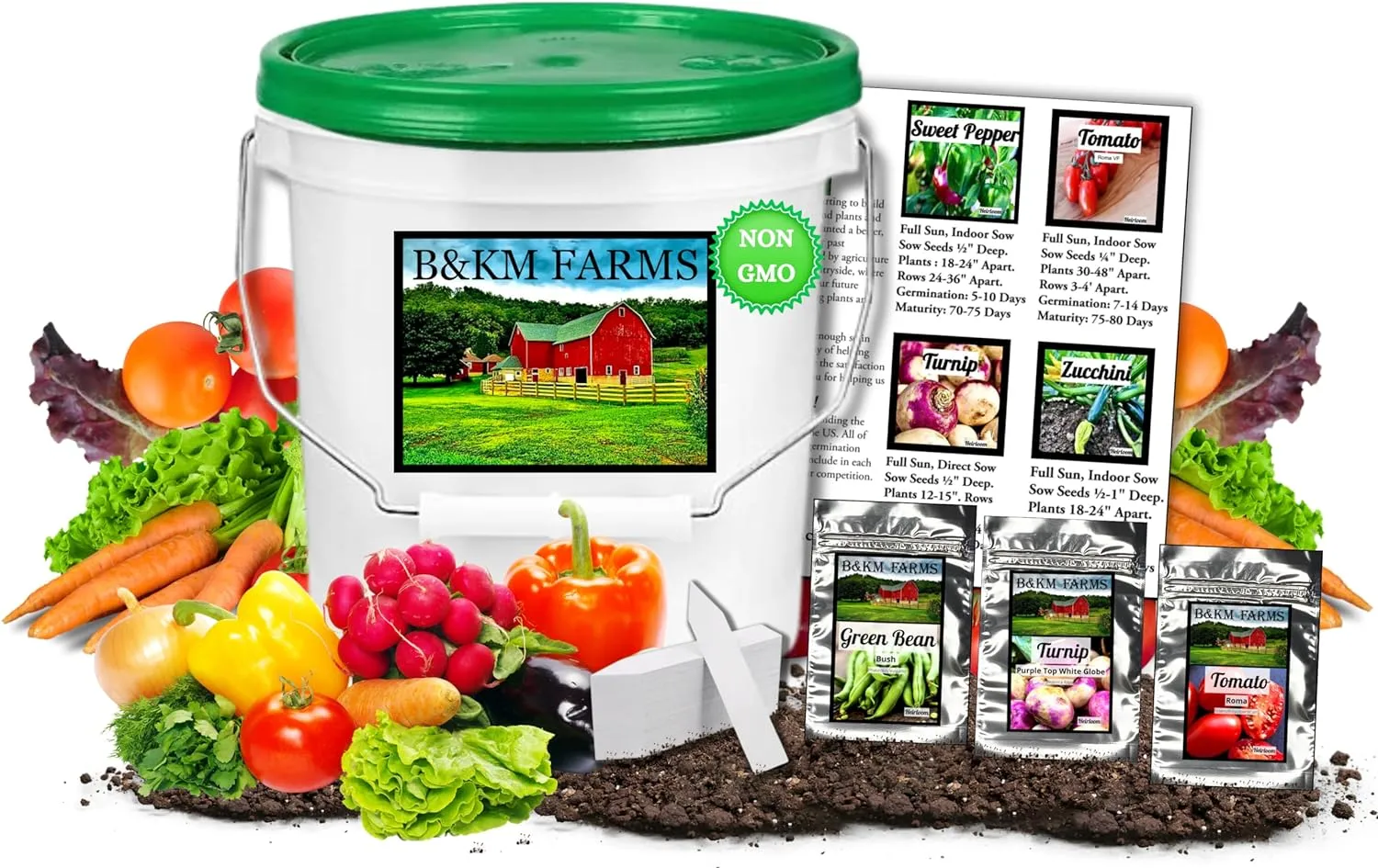 B&KM Farms 20,000  Survival Seed Kit 5  Year Supply. 30 Fruit & Vegetable Non-GMO Heirloom Seeds for Planting a Home Garden. Secure Emergency Weather-Proof Bucket