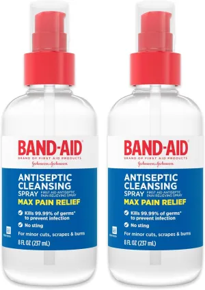 Band-Aid Brand Antiseptic Cleansing Spray, First Aid Antiseptic Spray Relieves Pain & Kill Germs, with Benzalkonium Cl Wound Antiseptic & Pramoxine HCl Topical Analgesic, 2 x 8 fl. oz