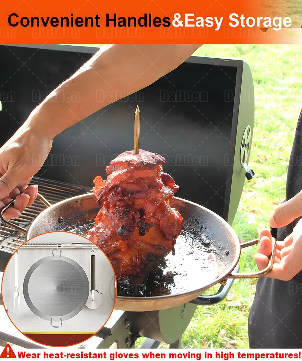 BBQ Vertical Skewer Al Pastor for Grill-Vertical Spit with 13" Base Pan for Tacos Al Pastor, Vertical Rotisserie Shawarma-Grilling Accessory with 3 Spikes (8”,10" and 12”)