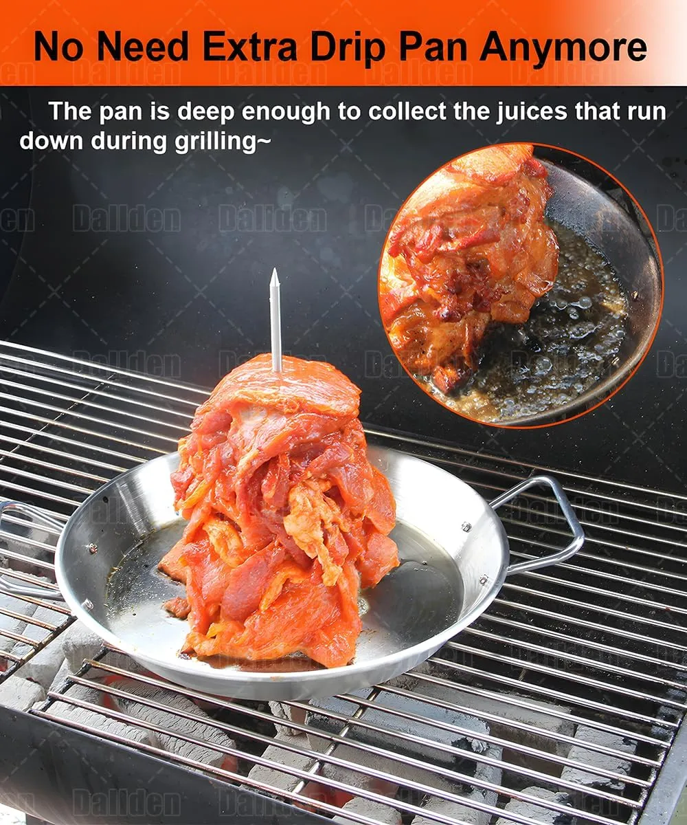 BBQ Vertical Skewer Al Pastor for Grill-Vertical Spit with 13" Base Pan for Tacos Al Pastor, Vertical Rotisserie Shawarma-Grilling Accessory with 3 Spikes (8”,10" and 12”)