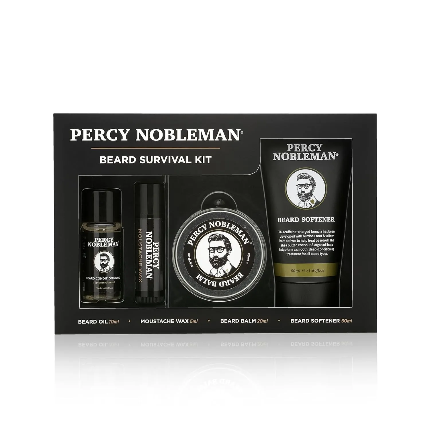 Beard Survival Kit, a Beard Grooming Kit containing a scented beard oil, beard balm, moustache wax, and a beard softener