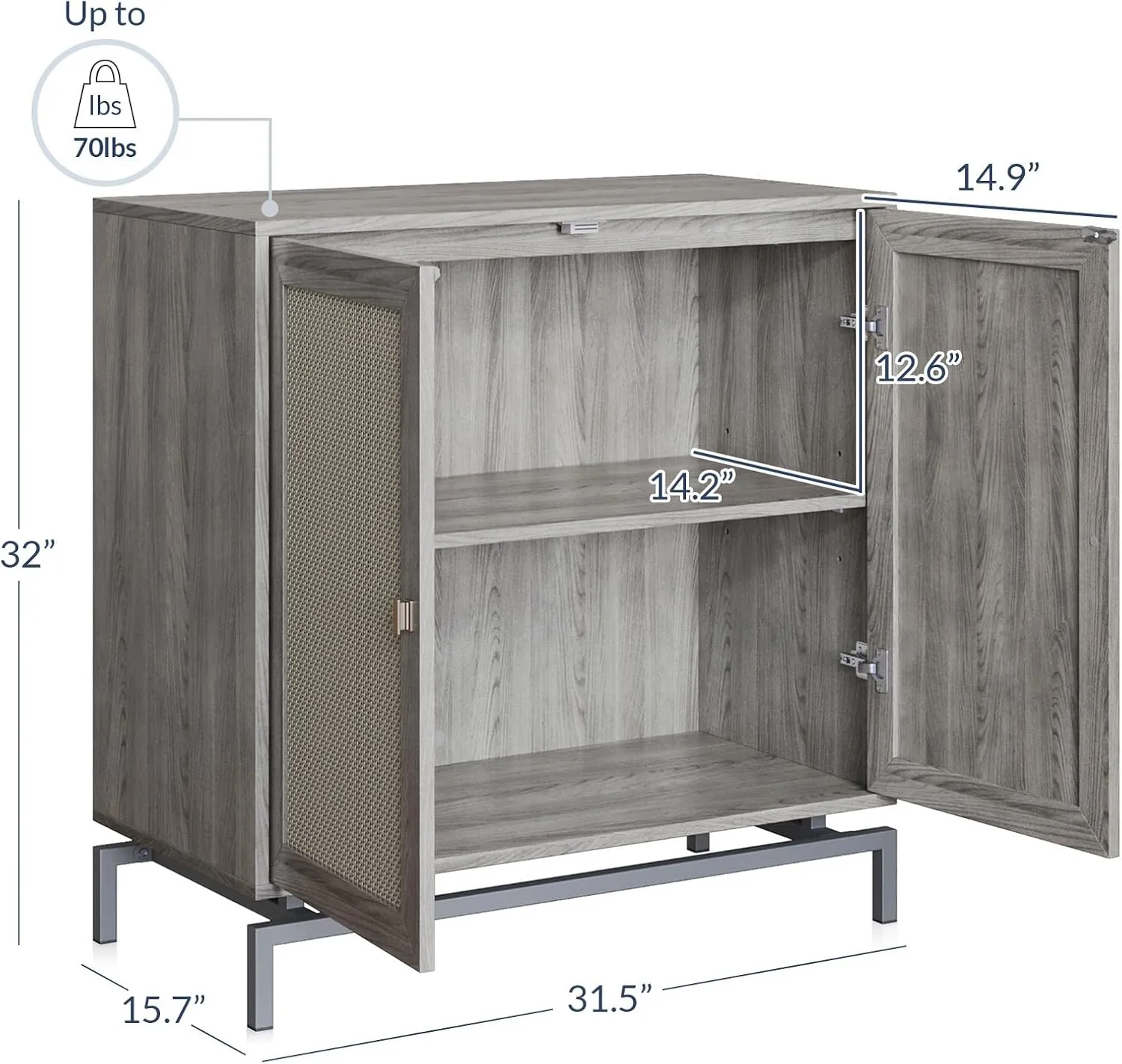 BELLEZE Set of 2 Sideboard Buffet Cabinet with Rattan Doors, Boho Buffet Table with Metal Base and Adjustable Shelves Accent Cabinet Credenza for Bedroom Hallway Living Room Office, Gray