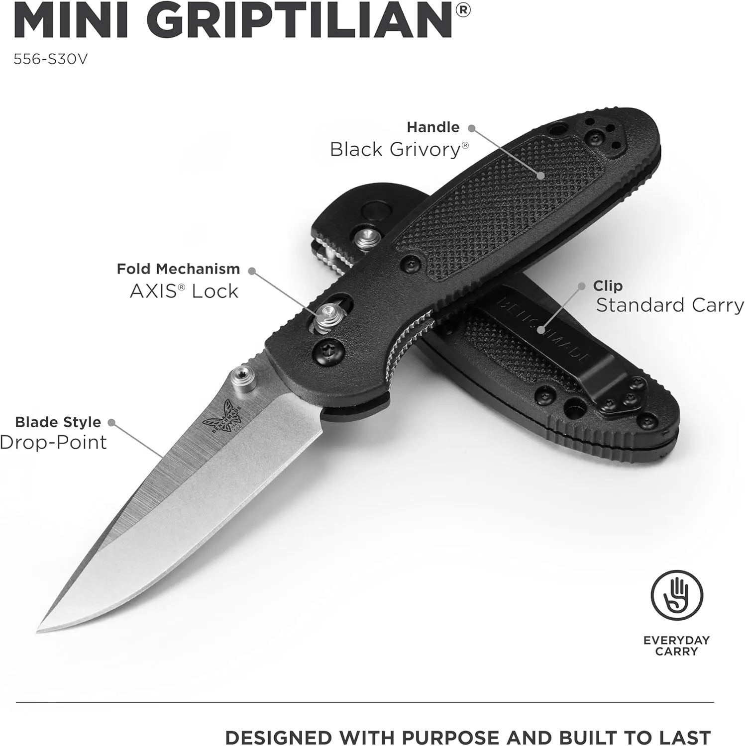 Benchmade Mini Griptilian Knife Drop-Point Blade Made EDC Manual Finish 556 Handle