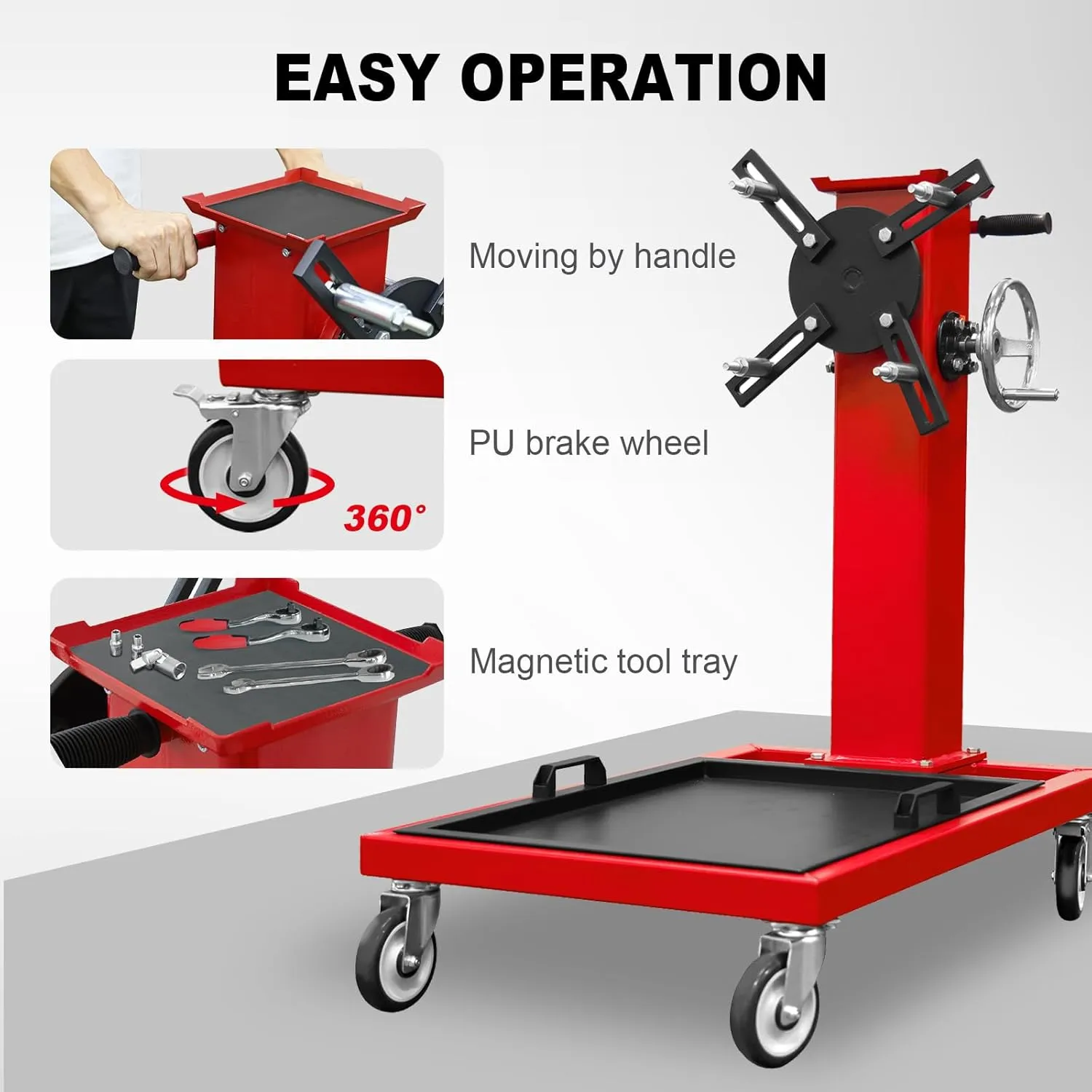 BIG RED AT25002R Torin Rotating Engine Stand: Removable Oil Pan and Magnetic Tray, Turbine Turntable, 2 Brake Caster Lockable Wheels, 1,000 Lbs Capacity