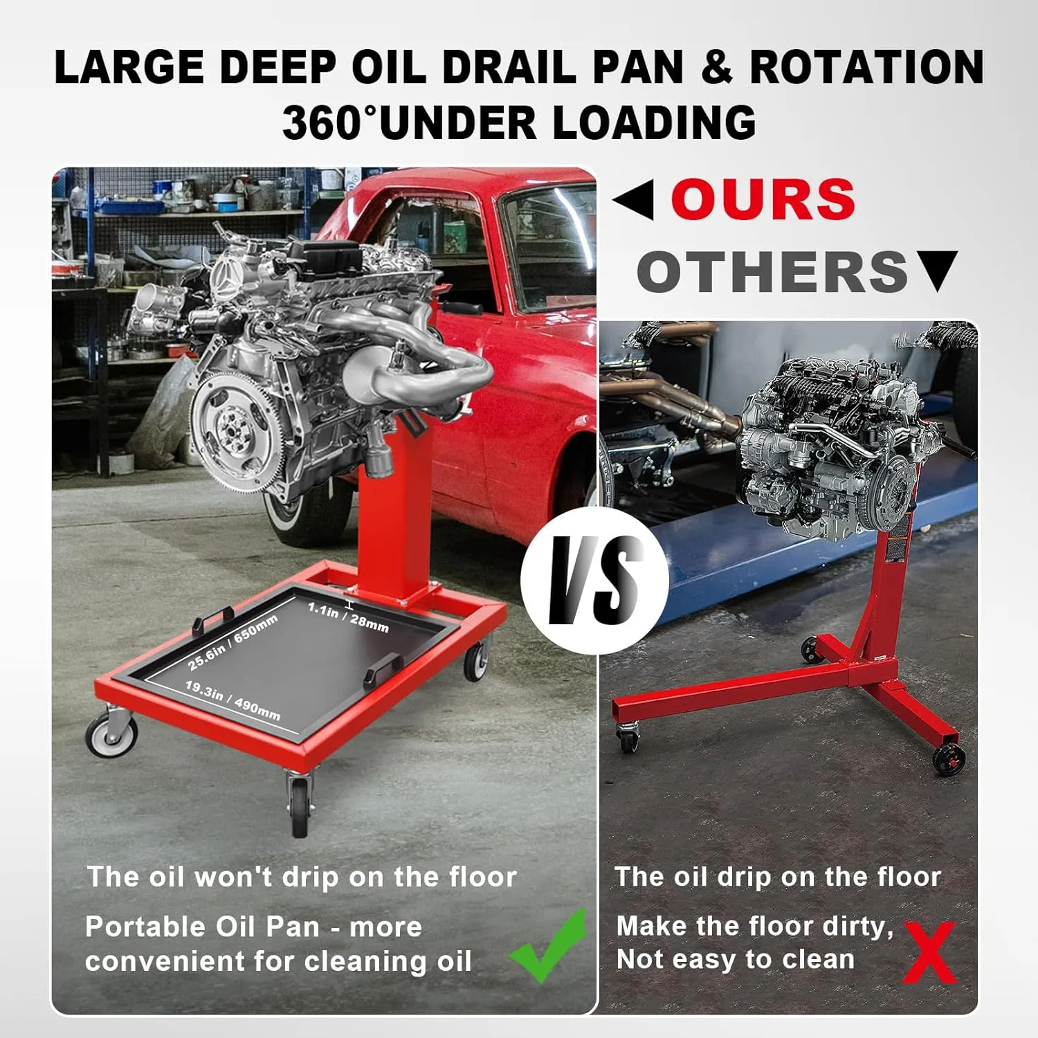 BIG RED AT25002R Torin Rotating Engine Stand: Removable Oil Pan and Magnetic Tray, Turbine Turntable, 2 Brake Caster Lockable Wheels, 1,000 Lbs Capacity