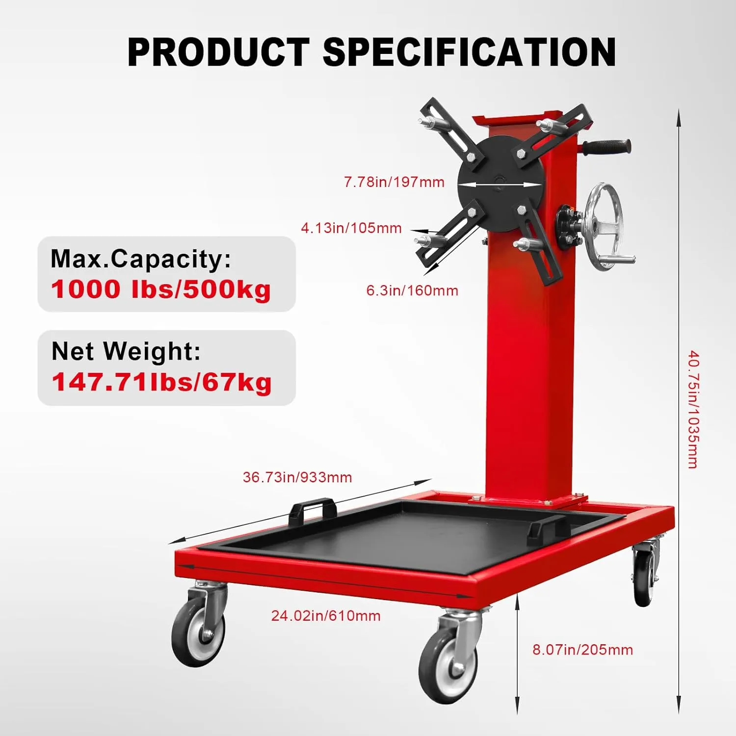 BIG RED AT25002R Torin Rotating Engine Stand: Removable Oil Pan and Magnetic Tray, Turbine Turntable, 2 Brake Caster Lockable Wheels, 1,000 Lbs Capacity