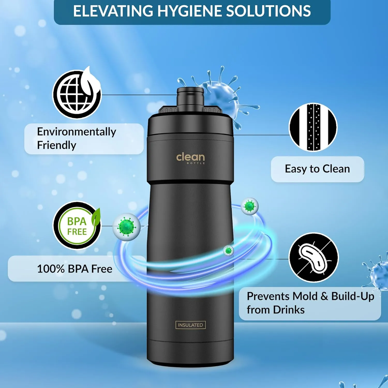 Bike Water Bottles | Insulated Bike Water Bottle | Easy Clean Nozzle, Easy Squeeze | Cycling Mountain Fitness Water Bottle | Gym Sport Bottle | (Black, Sport 20)
