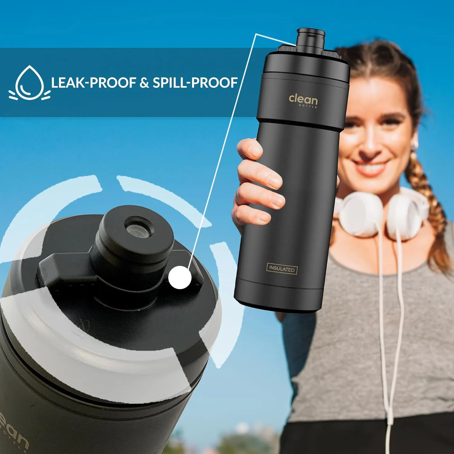 Bike Water Bottles | Insulated Bike Water Bottle | Easy Clean Nozzle, Easy Squeeze | Cycling Mountain Fitness Water Bottle | Gym Sport Bottle | (Black, Sport 20)