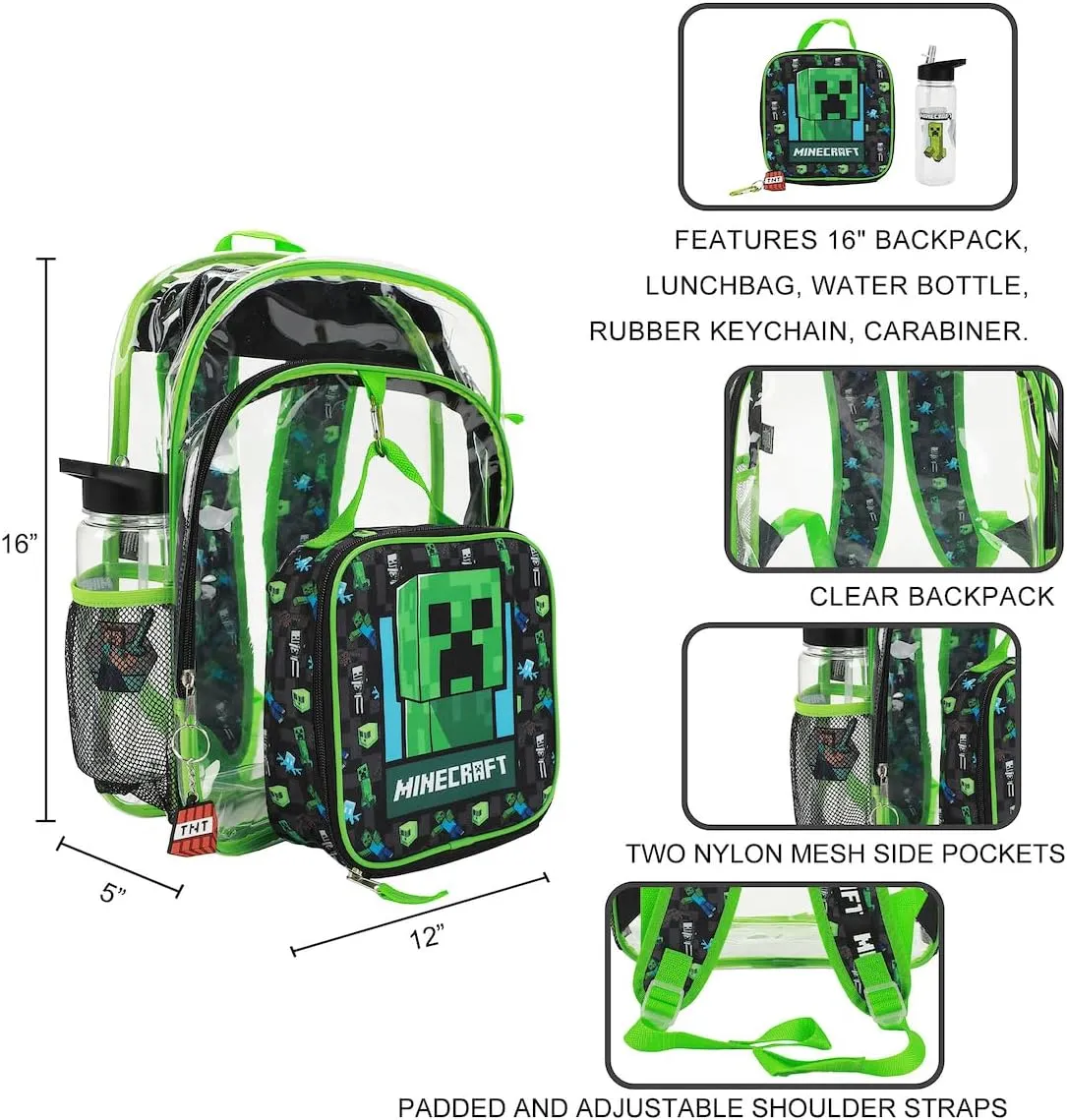 BIOWORLD Minecraft Creeper 5-Piece Backpack Set (Little Big Kid), Green, One Size