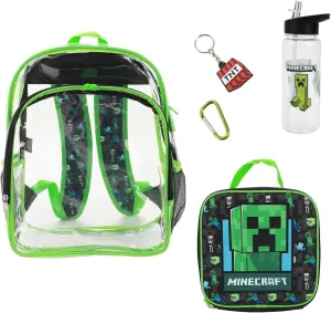 BIOWORLD Minecraft Creeper 5-Piece Backpack Set (Little Big Kid), Green, One Size