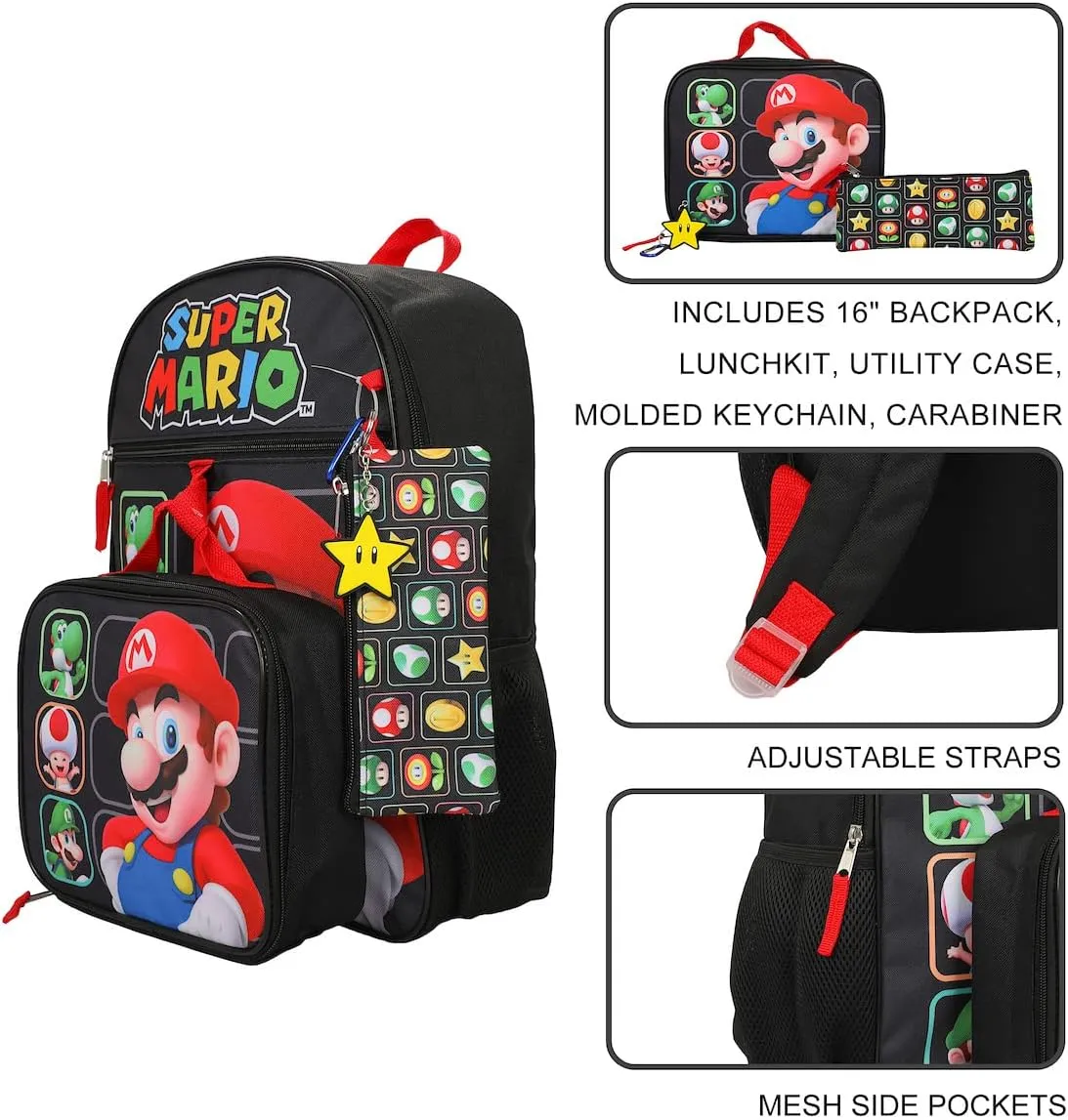BIOWORLD Super Mario Bros Character Grid 5-Piece Backpack Set (Little Big Kid), Yellow, One Size